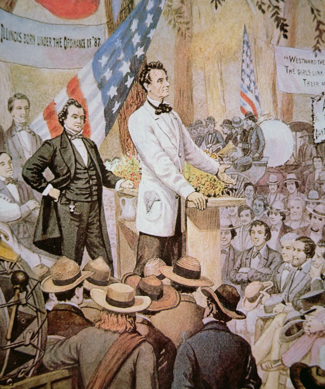 Abraham Lincoln (1809-65) em debate público com Stephen A. Douglas (1813-61) em Illinois de American School
