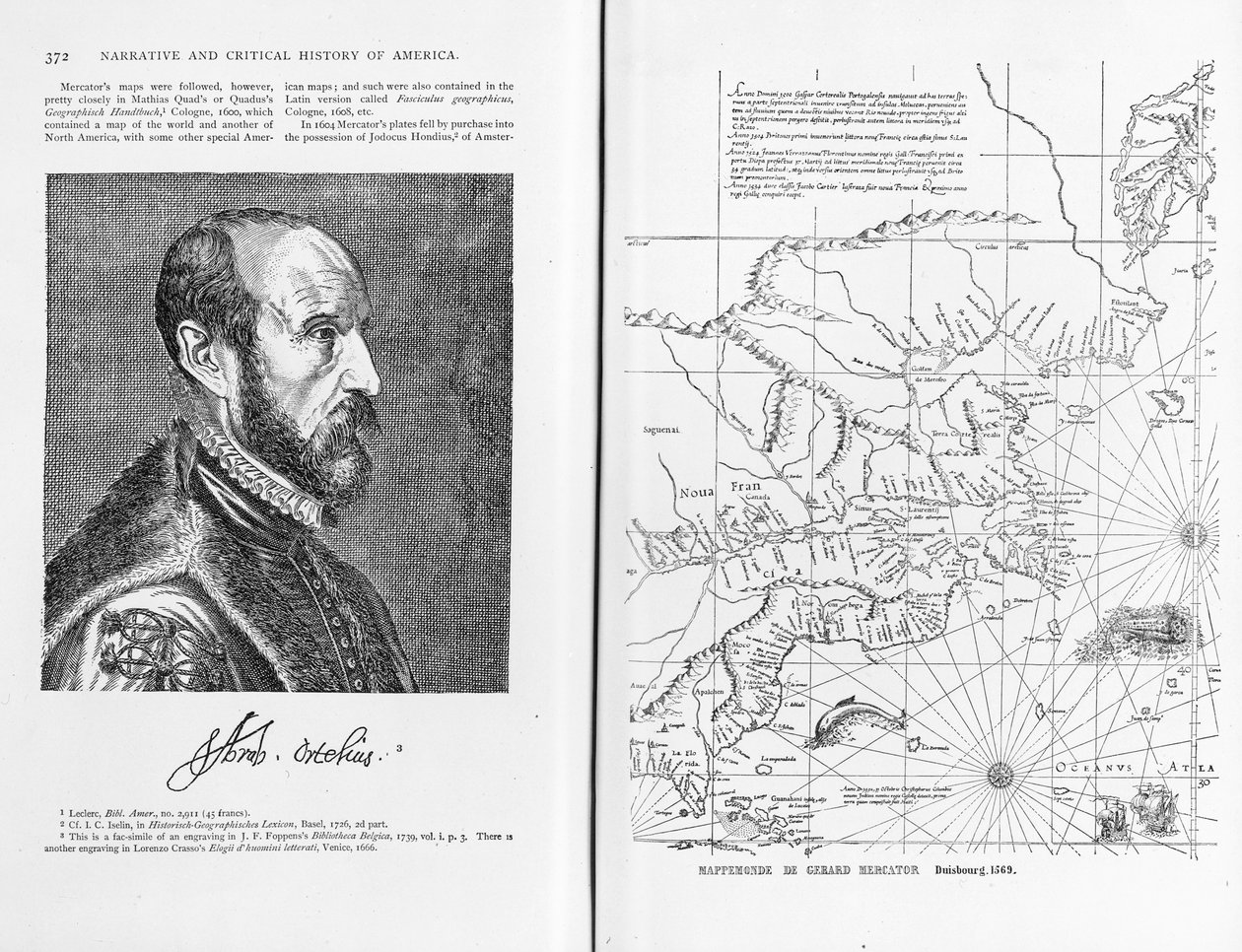 Abraham Ortel Oretelius (1527-98) e seu mapa do mundo de 1569, ilustração de "história narrativa e crítica de América", bar. em 1886 de American School