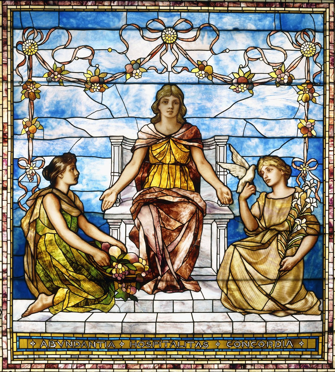 &39;Abundantia, Hospitalitas, Concordia&39;, c.1890 (uma janela de vidro com chumbo) de American School