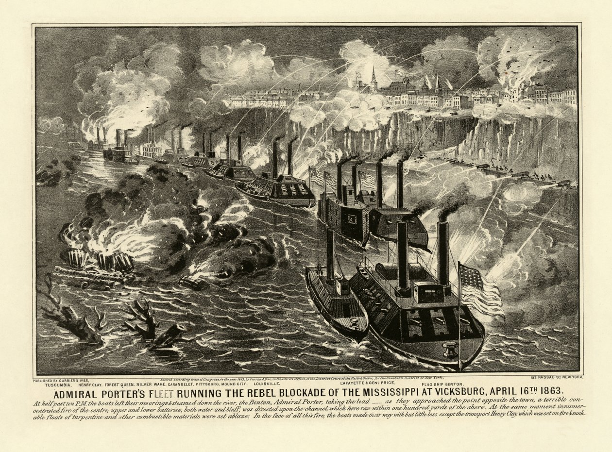 Frota do Almirante Porter comandando o bloqueio rebelde do Mississippi em Vicksburg, 16 de abril de 1863, pub. 1863 (gravura) de American School