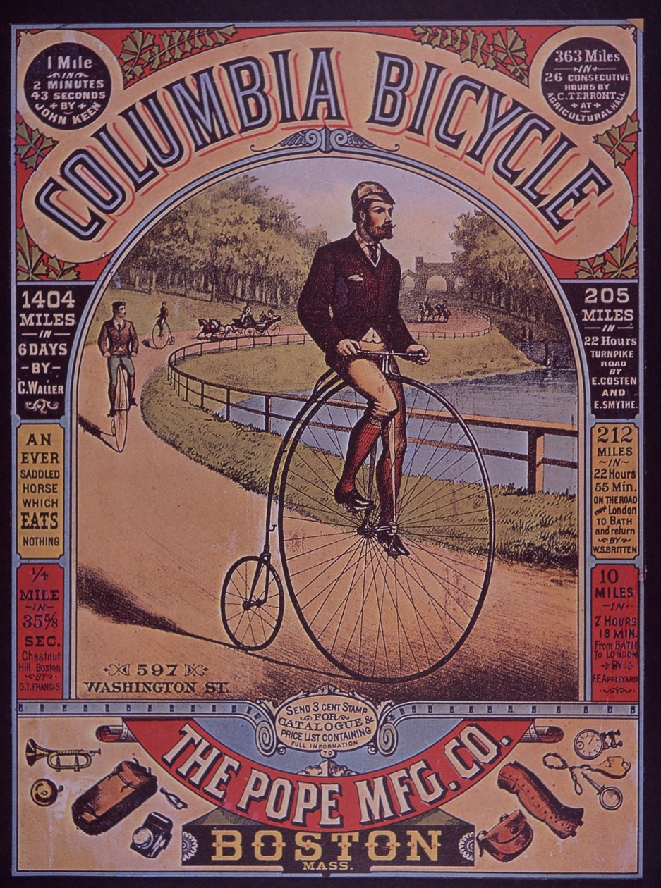 Anúncio para Columbia Penny-Farthing bicicleta, Boston, EUA de American School