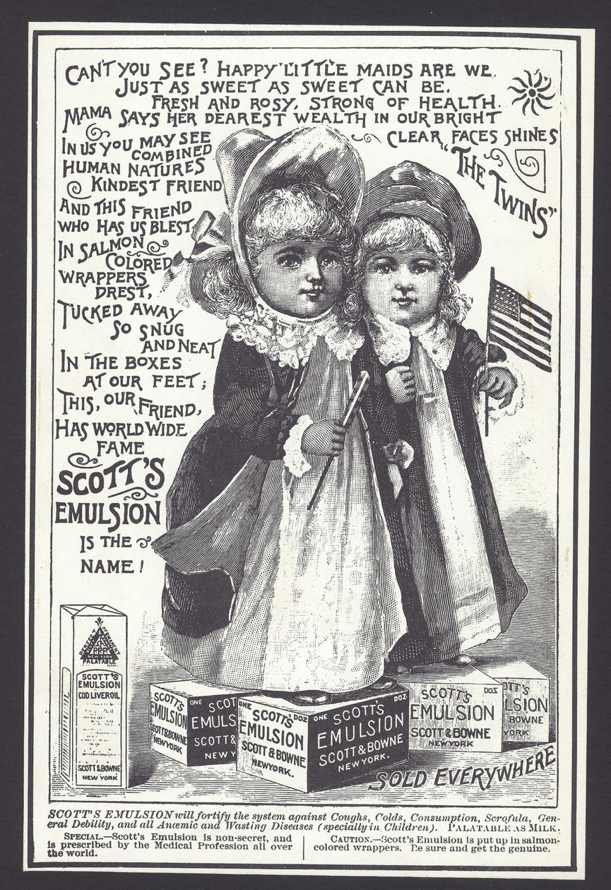 Advertência para a Emulsão Scott para o tratamento da tosse, constipações e outras afecções, finais do século XIX (litho) de American School