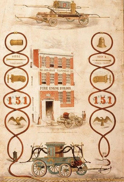 Anúncio para Abraham Vanness, construtor e fabricante de equipamento de combate a incêndios, pub. por Geo. G. Gratacap, Nova York, c.1850 (litho) de American School