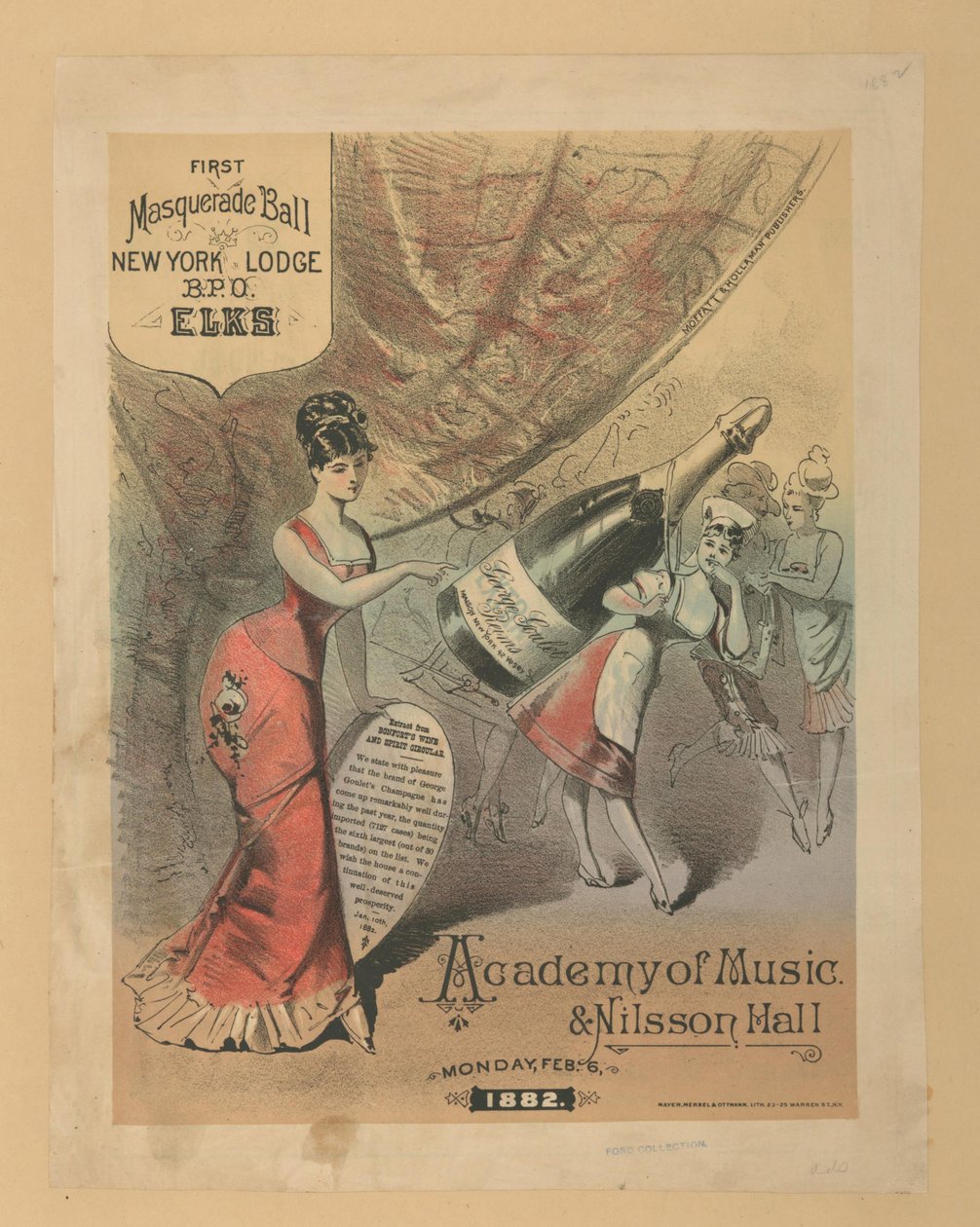Anúncio do champanhe de George Goulet e um baile de máscaras na Academy of Music & Nilsson Hall, c.1876 de American School
