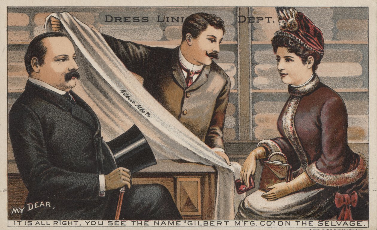 Anúncio do tecido da Gilbert Manufacturing Company (litografia a cores) de American School