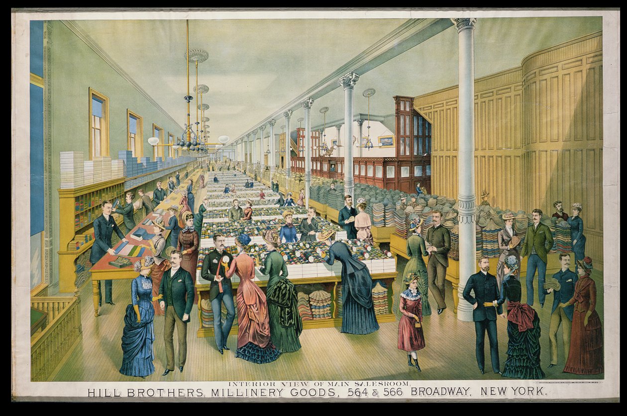 Propaganda para produtos Millinery da Hill Bros., com uma visão interna da saleroom principal de American School