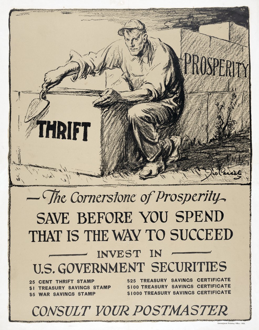 Anúncio de obrigações do Tesouro dos EUA, "A pedra angular da prosperidade", pub.1921 (litografia) de American School