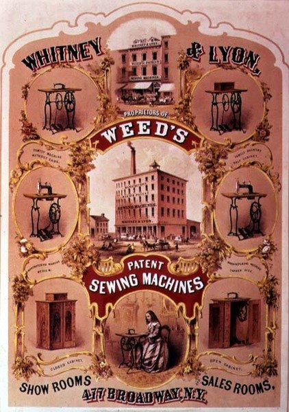Anúncio para Whitney & Lyon, Proprietários de máquinas de costura com patente de ervas daninhas, Nova York (litho) de American School