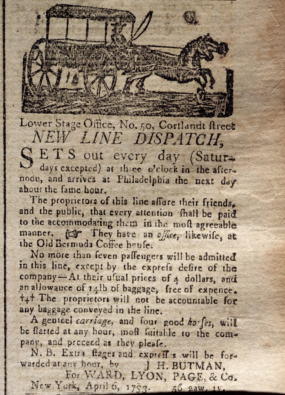 Anúncio para o New Line Dispatch, do The New York Journal & Patriotic Register, 6 de abril de 1793 (impresso) de American School