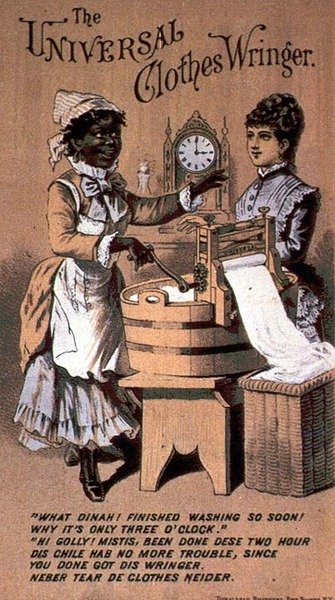 Anúncio para o "Universal Clothes Wringer" com uma criada negra, final do século XIX (gravação a cores) de American School