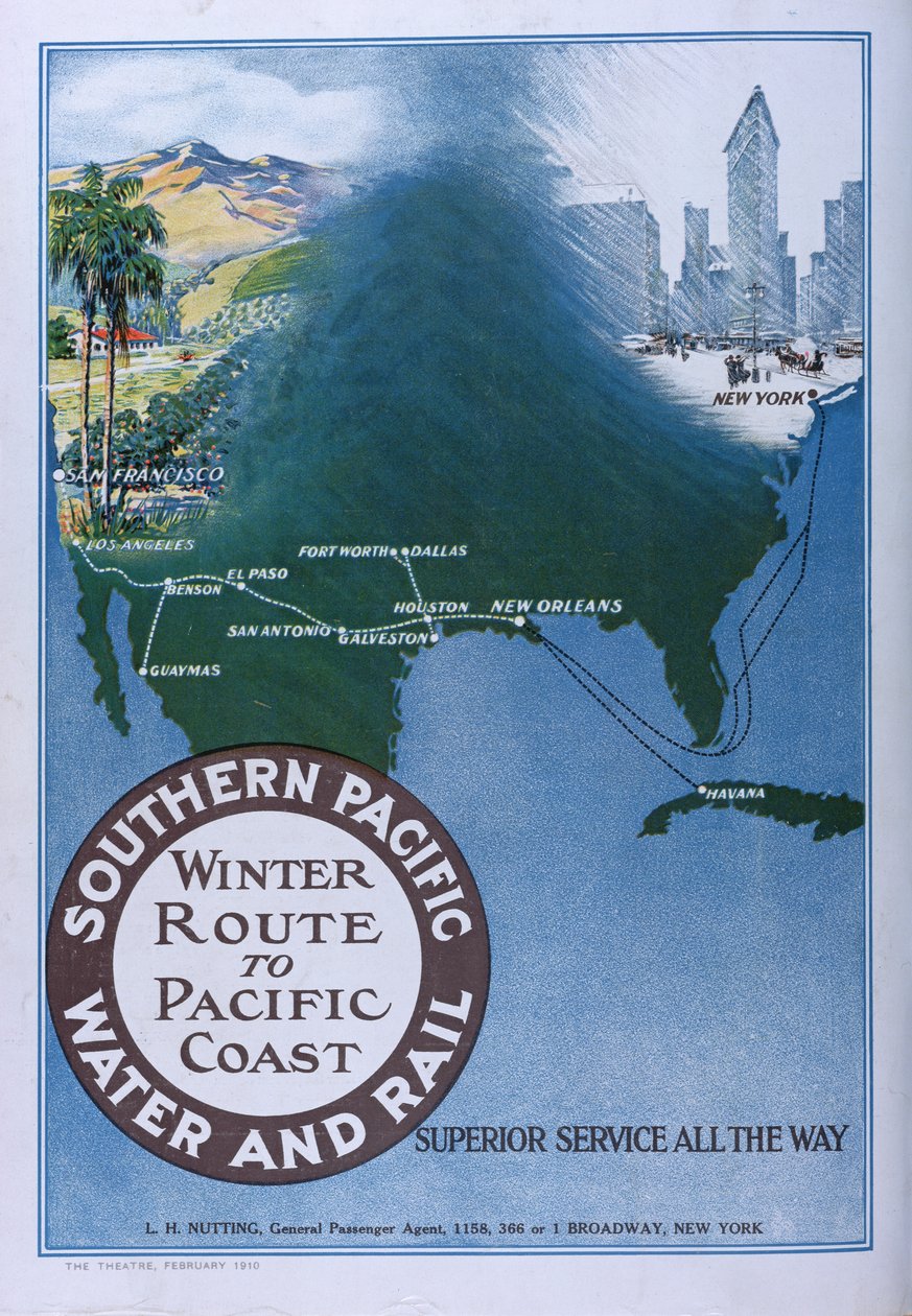 Anúncio da Rota de Inverno para a Costa do Pacífico do Pacífico Sul Água e Trilho, da revista Theatre, 1910 de American School