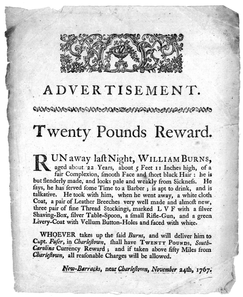 Propaganda por vinte libras de recompensa pela captura de William Burns, impressa em um jornal de Charleston, Carolina do Sul, 1767 (impressão) de American School