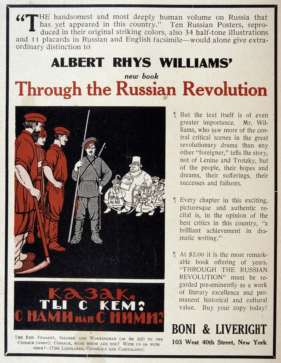 Publicidade para a venda do livro "The Russian Revolution", de Albert Rhys Williams, numa revista americana de American School