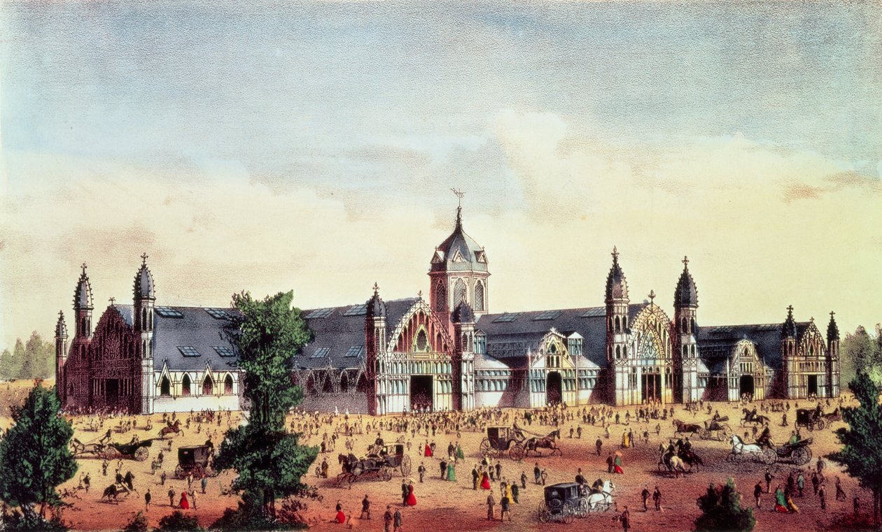 Salão agrícola, exposição centenária dos Estados Unidos grandes, parque de Fairmount, Philadelphfia, bar. por Currier und Ives, 1876 de American School