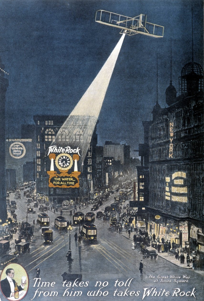Publicidade ao álcool "White Rock": Um avião iluminando o cartaz "White Rock" pendurado num edifício em Times Square em Nova Iorque. 1912. de American School