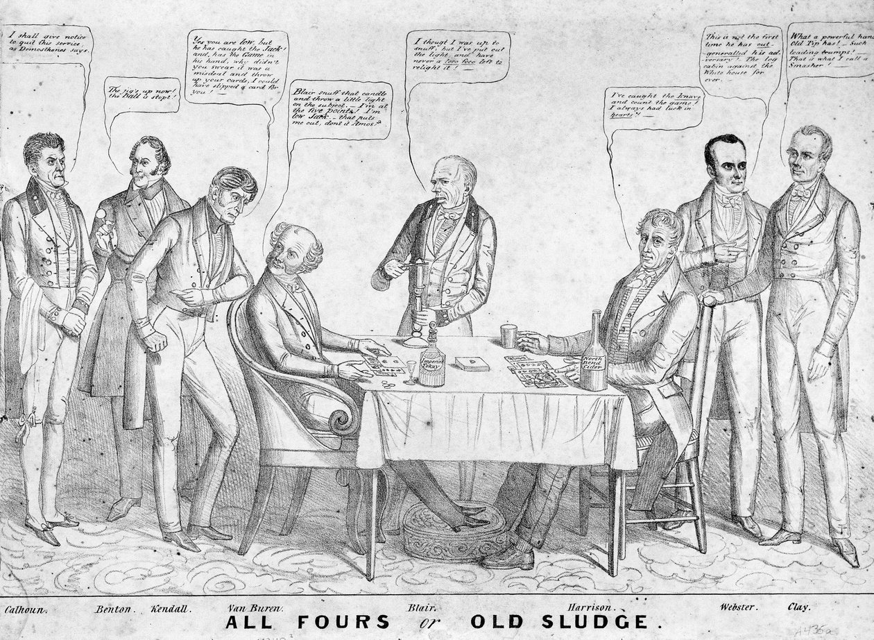 All Fours ou Old Sludge, desenho animado político representando o presidente Martin Van Buren (1782-1862) jogando cartas contra William Henry Harrison (1773-1841) em meio a outros estadistas e políticos, 1836 (lito de American School