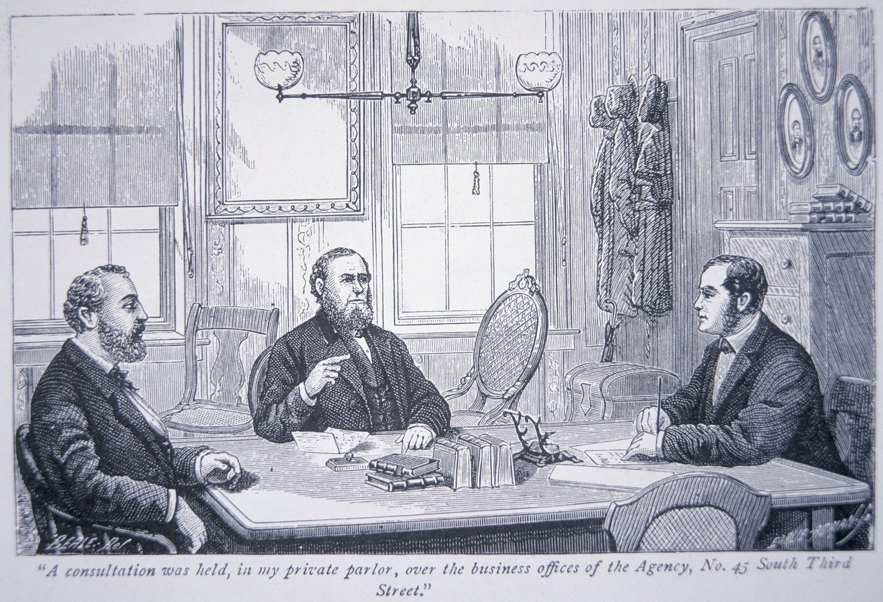 Allan Pinkerton em consulta com clientes no seu escritório da Filadélfia de American School