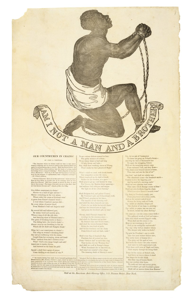 Não sou um Homem e um Irmão?, c. 1837 (gravura em madeira sobre papel tecido) de American School