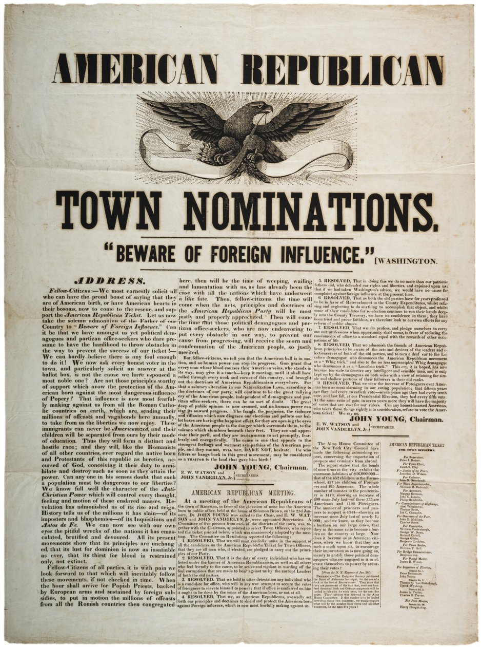 Nomeações da cidade republicana americana: Cuidado com a influência estrangeira, c.1845 de American School