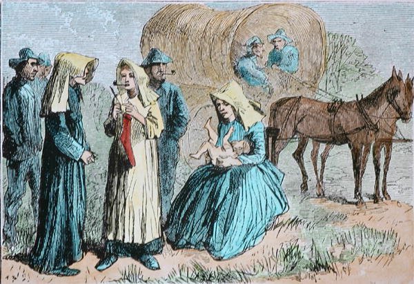 American Wagon Train Pioneers, c.1860 (gravação a cores) de American School
