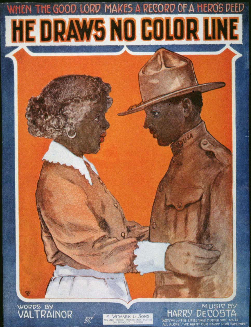 Canções da Primeira Guerra Mundial Americana para "Ele não desenha uma linha de cor" (color litho) de American School
