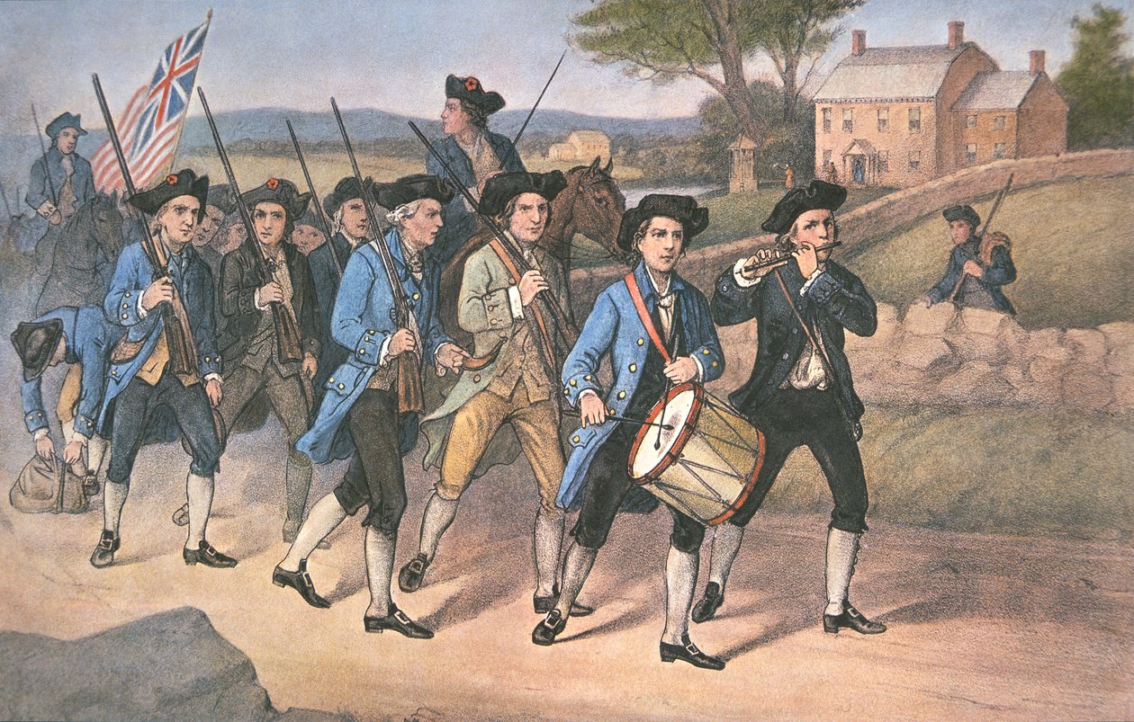 Minuto-homens americanos marchando contra os britânicos para a música marcial de Fife e Drum, pub. por Currier & Ives de American School