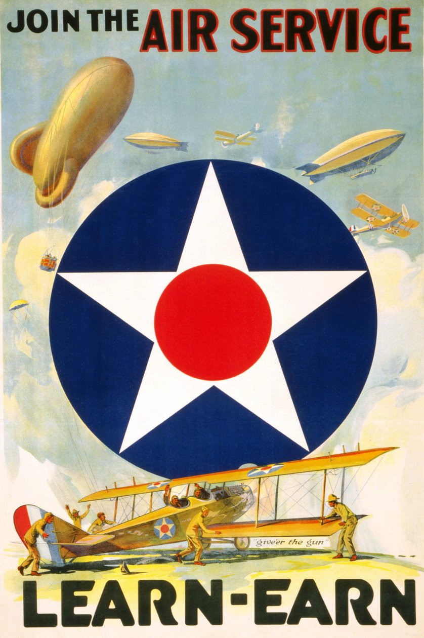 Cartaz americano "Join the Air Service Learn - earn." editado entre 1917 e 1920. de American School