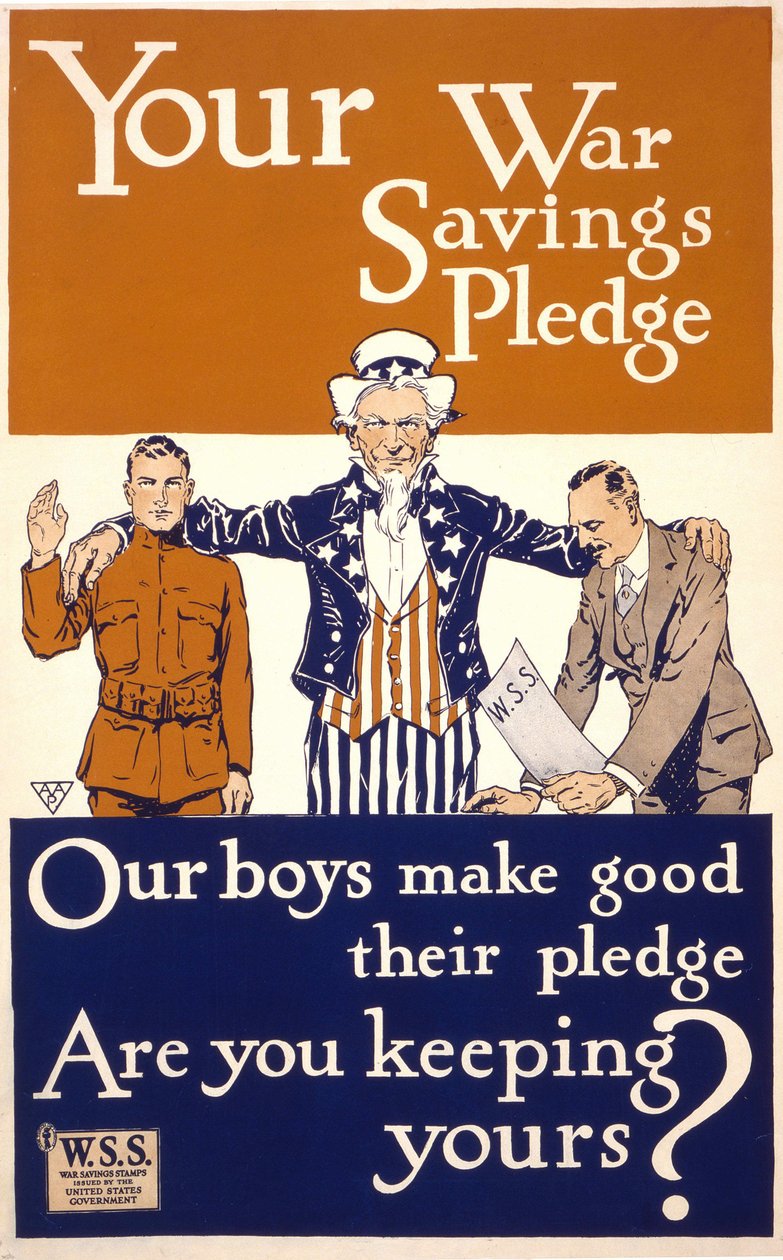 Cartaz americano para incentivar o engajamento no exército: "A sua promessa de poupança de guerra - Os nossos rapazes fazem a sua promessa. Você está mantendo o seu? editado pelo Governo dos Estados Unidos. 1917 de American School