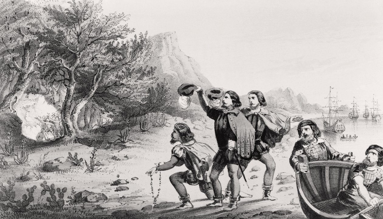 Amerigo Vespucci aterra no Novo Mundo, de "A vida e as viagens de Americus Vespuccius", publicado por Horace Mansfield, New Haven, Connecticut, 1853 de American School