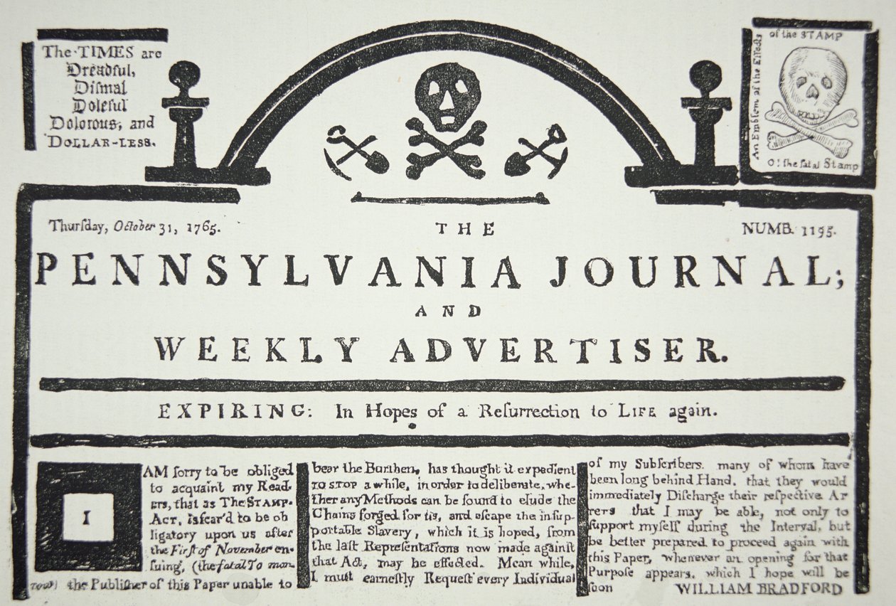 Uma resposta americana à Lei do Selo imposta britânica, pub. no The Pennsylvania Journal e Weekly Advertiser em 31 de outubro de 1765 (papel de jornal) de American School