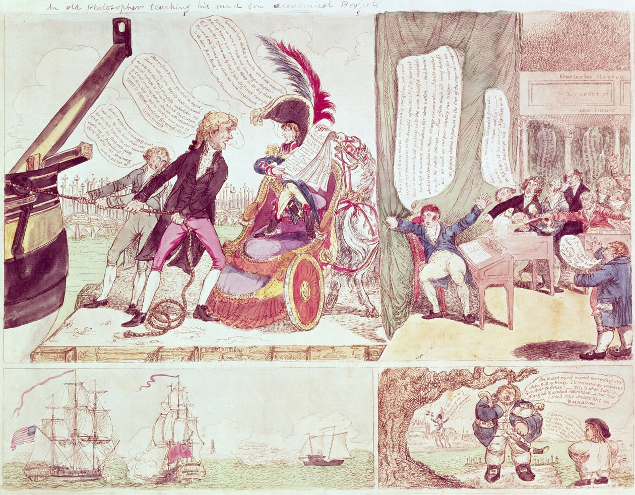 Um velho filósofo ensinando seus projetos econômicos de filho louco, c.1807 (tinta e wc no papel) de American School