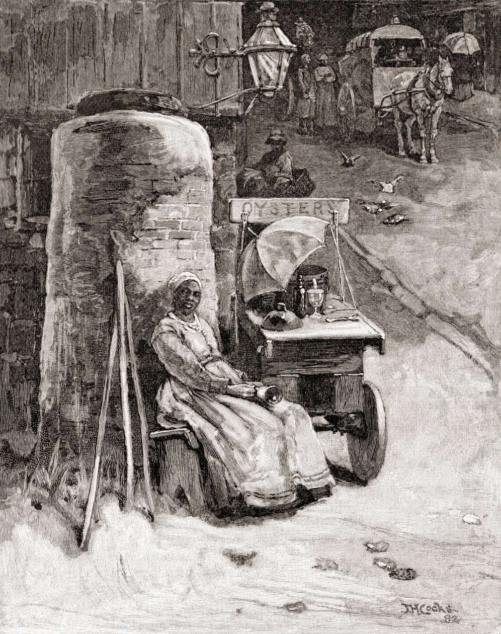 Uma vendedora de ostras com o seu carrinho perto do estaleiro naval de Washington, Washington D.C., no século XIX, da "The Century Illustrated Monthly Magazine", publicada em 1884 (gravura) de American School