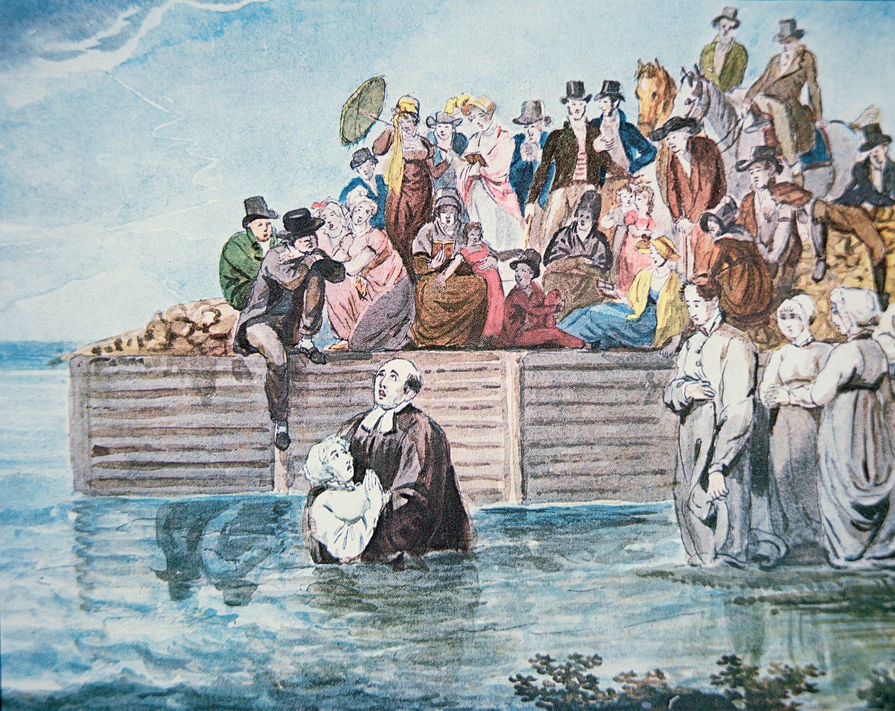 Anabaptistas da Filadélfia testemunham um baptismo de imersão total num rio (cor litho) de American School