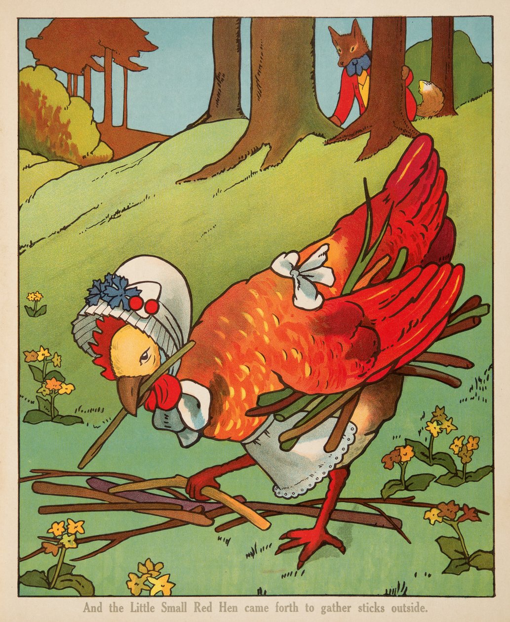 "E a Galinha Vermelha Pequena saiu para recolher paus lá fora", de Peter Rabbit Galinha Vermelha e Mocho e Pussy Cat pub. Charles E Graham & Co. c. 1900 (cromolitografia) de American School