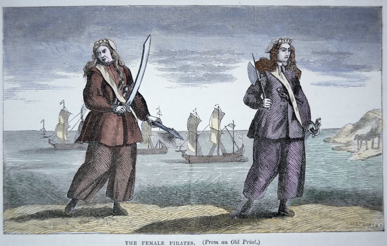 Anne Bonny (b.1697) e Mary Read (gravura colorida) de American School