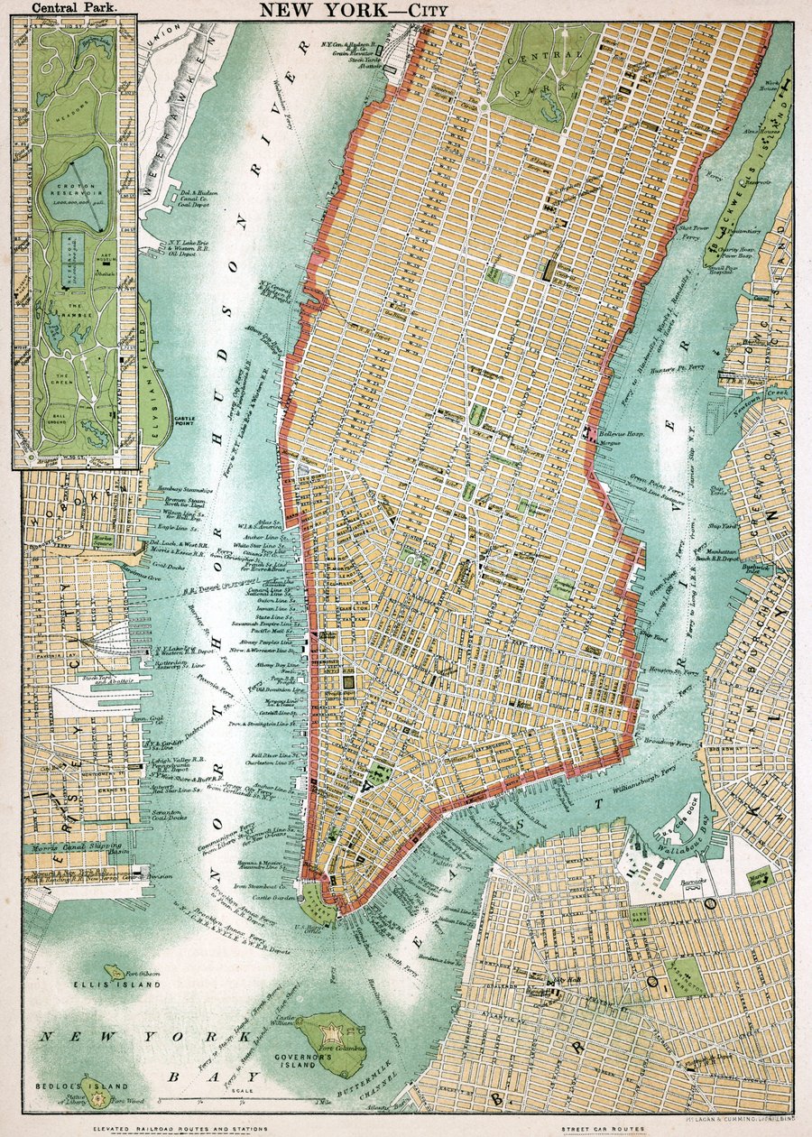 Mapa antigo da Baixa Manhattan e do Central Park de American School