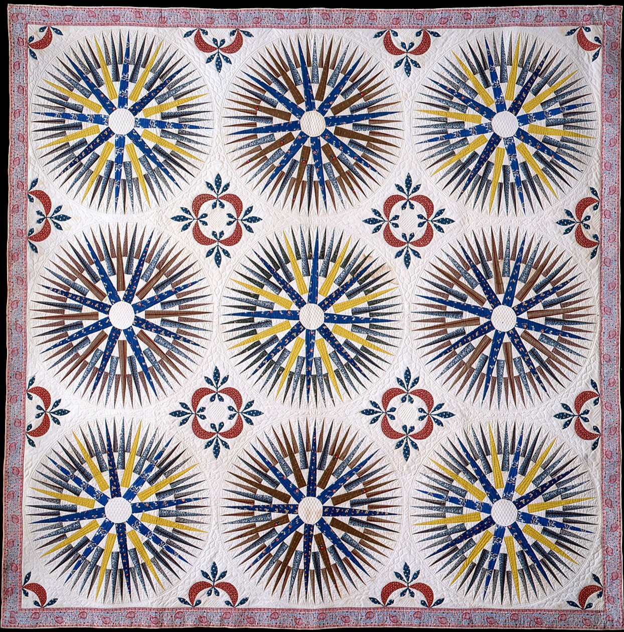 Applique and Pieced Mariner&39;s Compass and Hickory Leaf Quilt, c.1860 (algodão) de American School