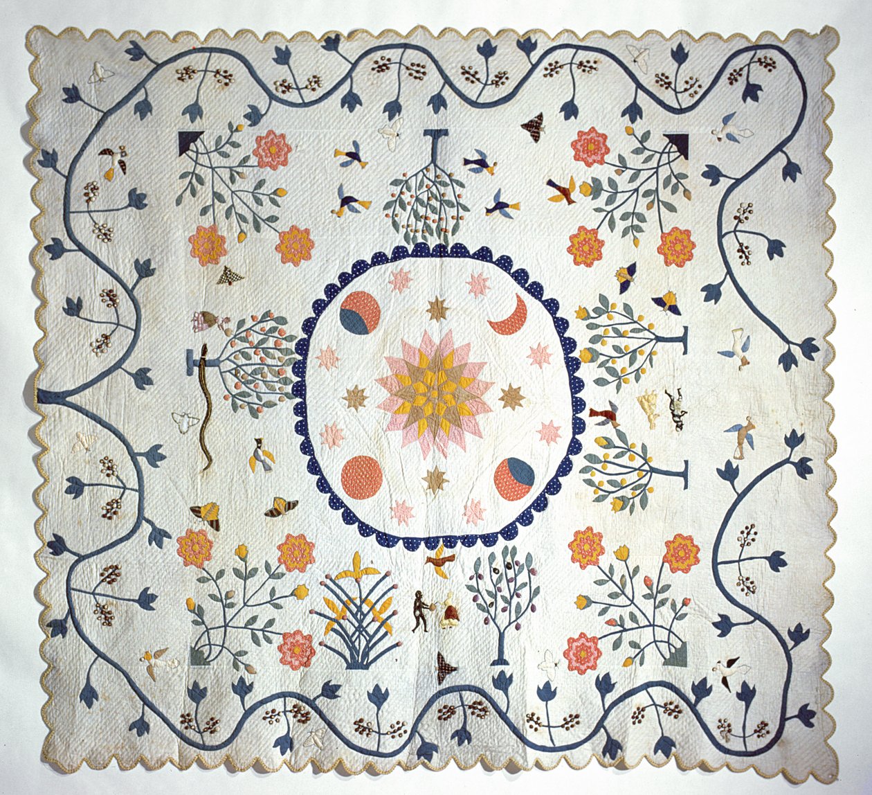 Applique quilt com sol, lua, estrelas e o jardim do Éden, do Arkansas, c.1850-80 (algodão) de American School
