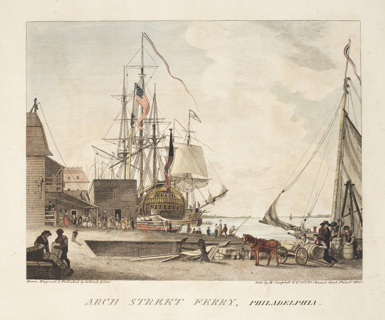 Arch Street Ferry, Philadelphia (gravura colorida) de American School