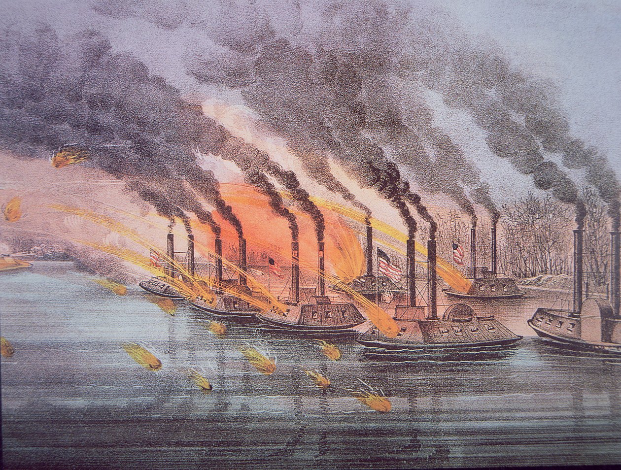 Barcos blindados comandados pelo Oficial de Bandeira dos EUA Andrew Foote, 6 de Fevereiro de 1862 (gravação a cores) de American School
