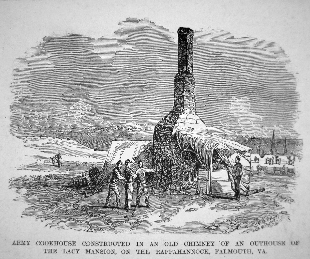 Cozinha do exército construída numa velha chaminé de uma antiga casa da mansão Lacy, no Rappahannock, Falmouth, Virginia (gravura) de American School
