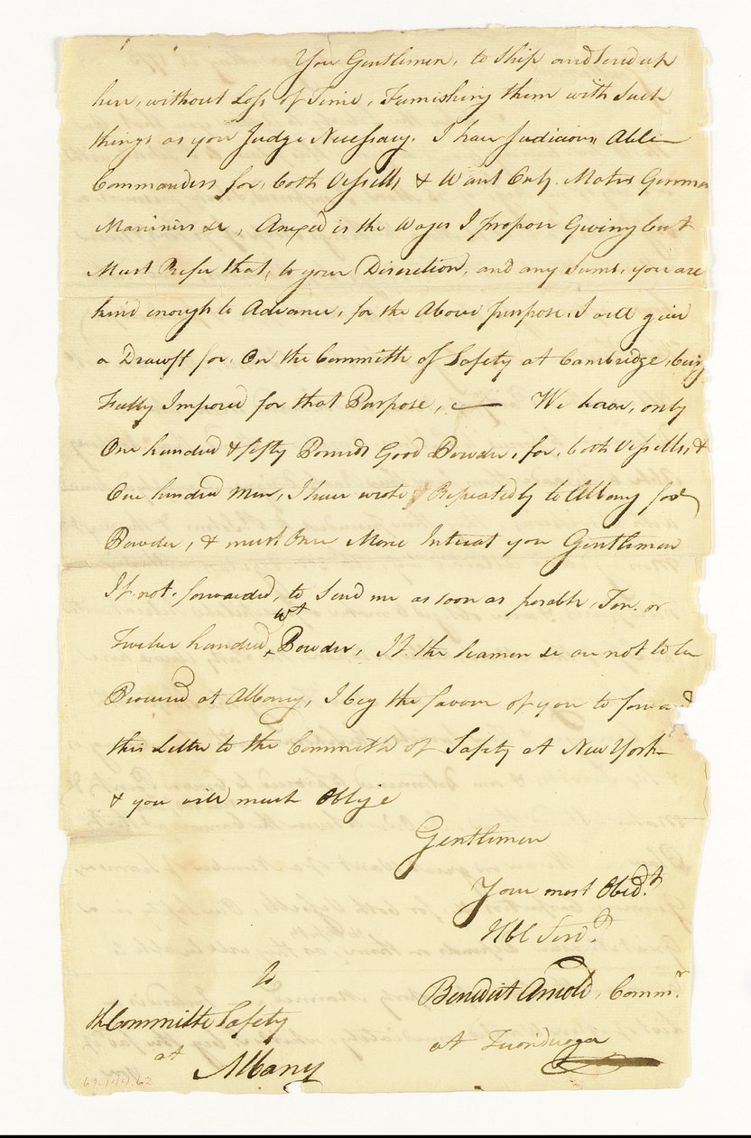 Arnold Benedict (1741-1801) General, Exército Continental, Traidor. Carta autógrafa assinada ("Benedict Arnold Commr. at Ticonderoga") para o Comité de Segurança de Albany, Ticonderoga, 22 de maio de 1775 (caneta e tinta sobre papel) de American School