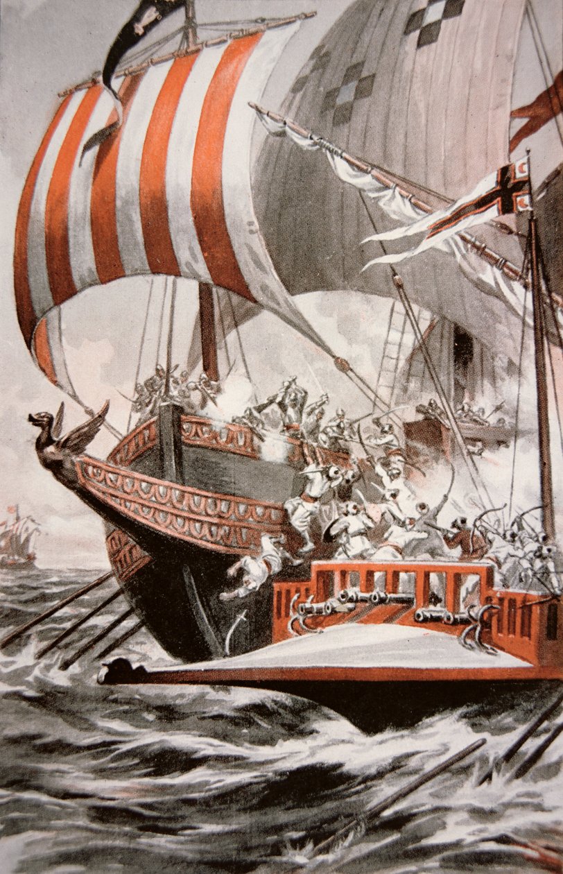 Arouji, irmão de Barbarossa, ataca as galeras do tesouro do Papa Júlio II, em 1504 (cor litho) de American School