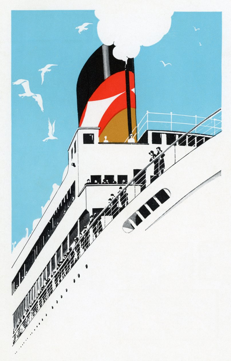 Art Deco 1920 Ilustração de um Cruzeiro Marítimo com Passageiros de American School