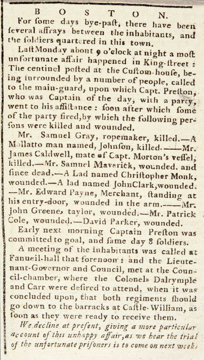 Artigo do Boston Chronicle detalhando os eventos do Massacre de Boston, 5 de março de 1770 (papel de jornal) de American School