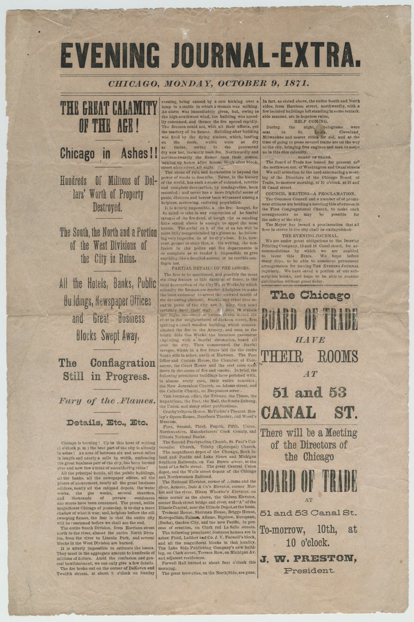 Artigo do Chicago Evening Journal-Extra sobre o incêndio de Chicago de 1871, 9 de outubro de 1871 (papel de jornal) de American School