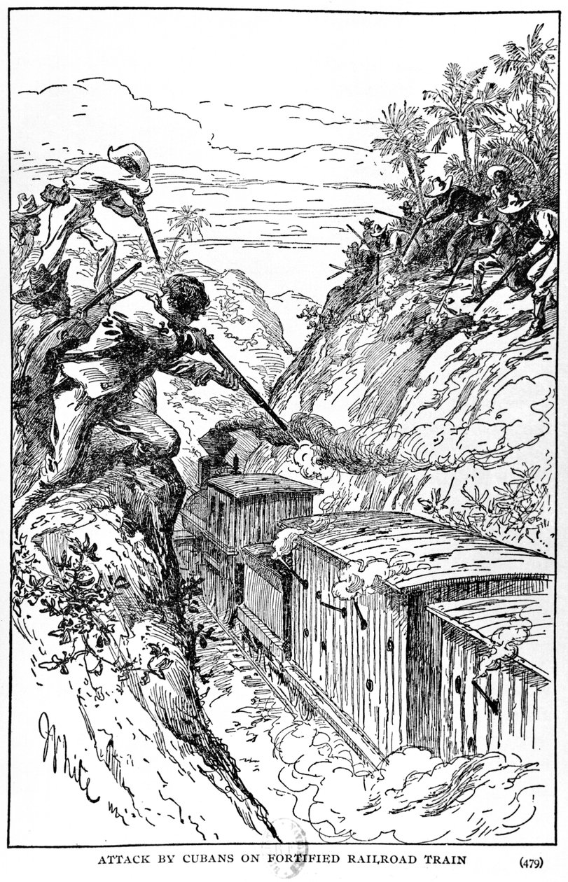Ataque por cubanos no trem da ferrovia fortificada, ilustração da história de Cuba por Murat Halstead, publicado em 1898 de American School