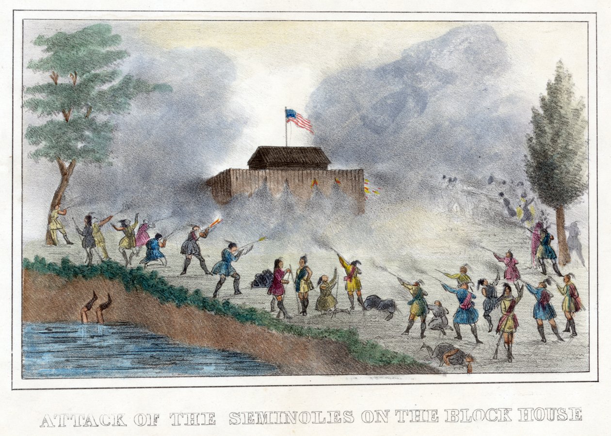 Ataque dos Seminoles à Casa do Bloco, pub. 1836 (gravura a cores) de American School