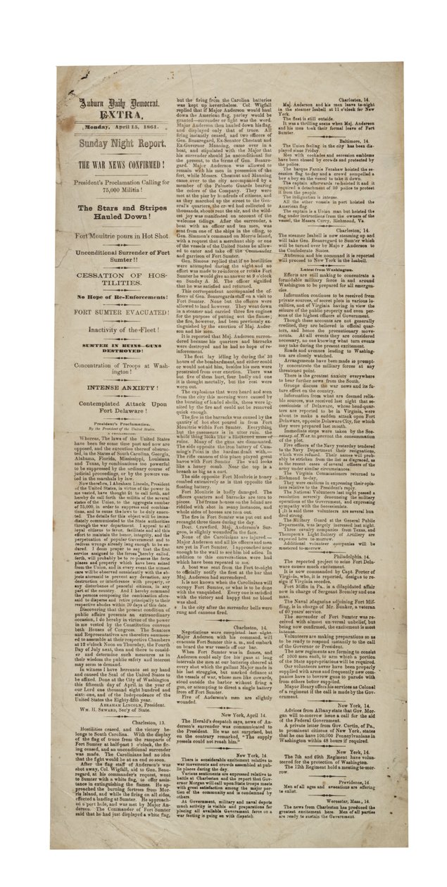 Auburn Daily Democrat Extra re: Forte Sumter, 15 de abril de 1861 de American School