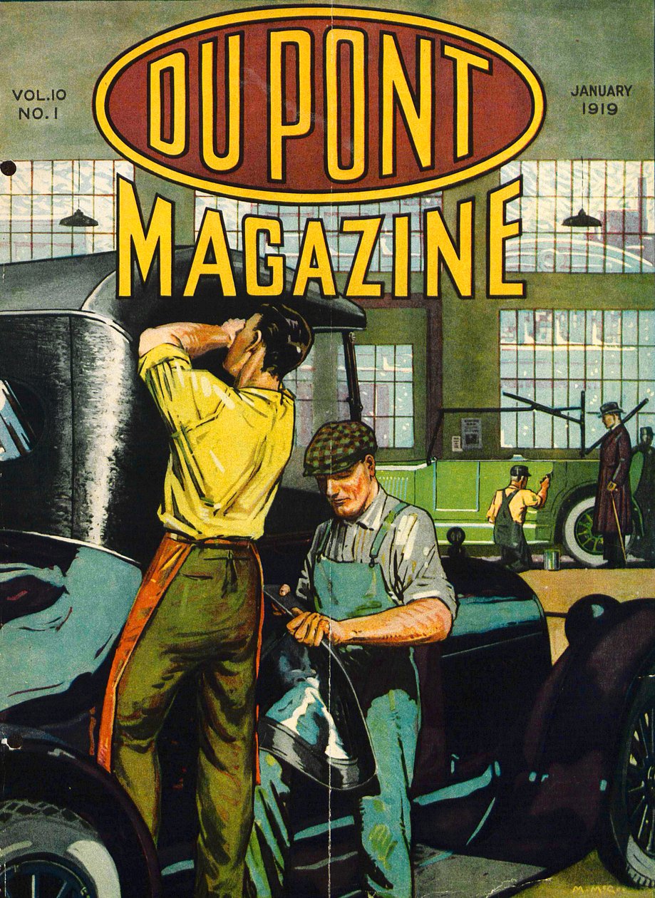 Reparação de automóveis, capa da revista DuPont, janeiro de 1919 de American School